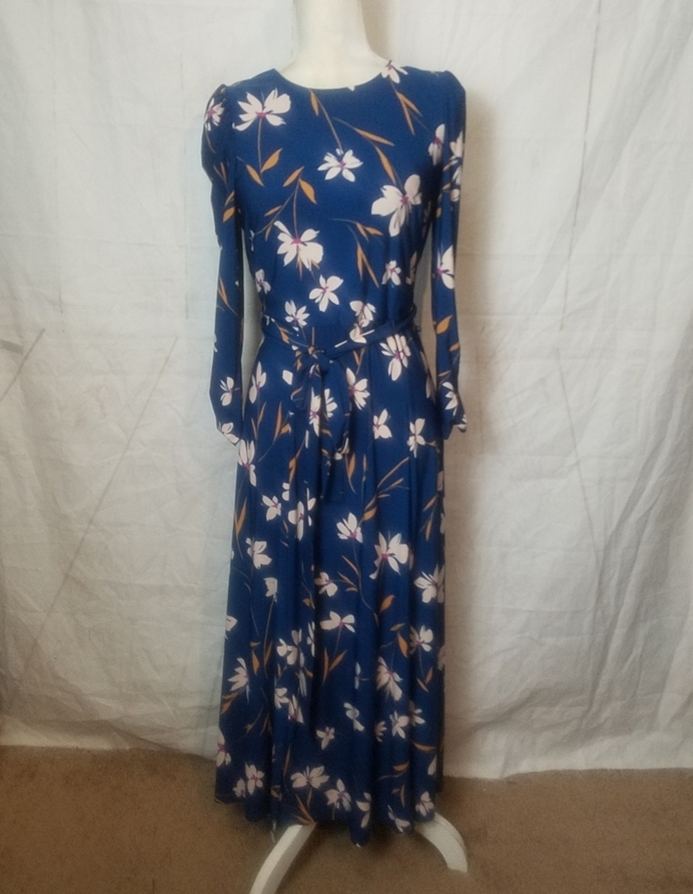 Eliza j long floral tie waist blue tan brown dress